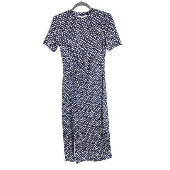 NWT Derek Lam 10 Crosby Blue White Print Round Neck Short Sleeve Dress Size S